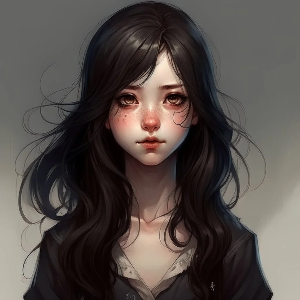 pretty girl, age 13, black hair, conventionally attractive, realism, dreamy, warlock