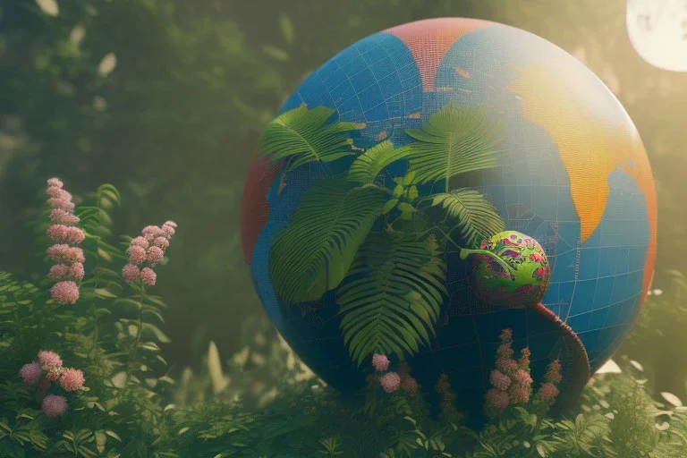 globe, plants and flowers around, kente, cinema 4d, octane render, high detail