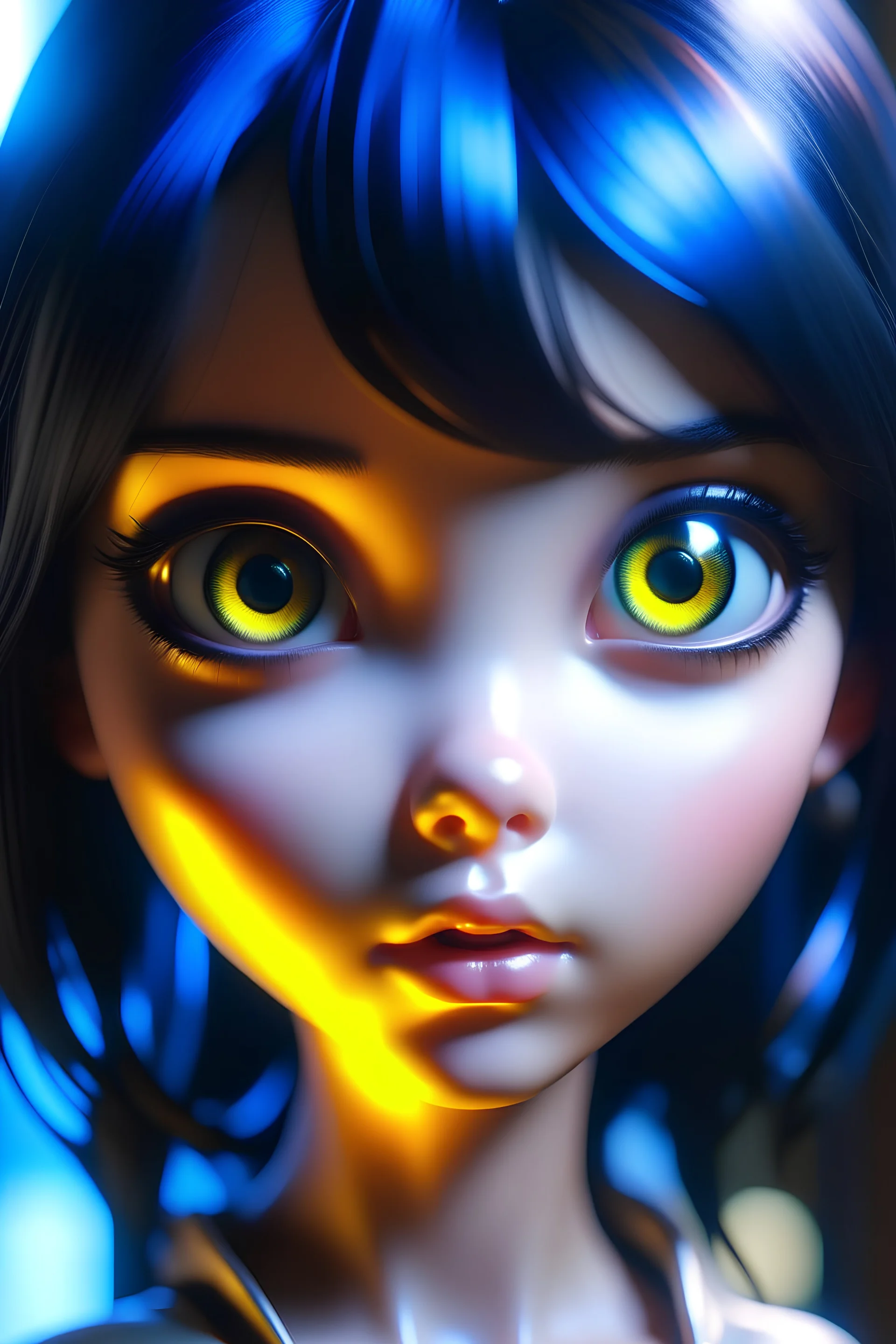 realistic portrait of an anime waifu robot doll, light eye color, very big Alita-like doll eyes, and youthful looking silicone skin