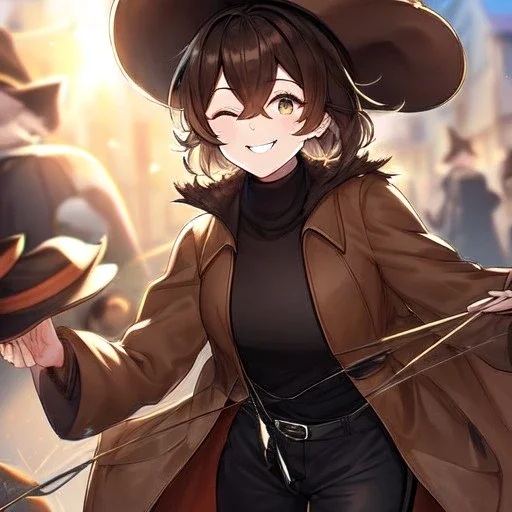 Clear focus, High resolution, short brown spiky hair, hair between eyes, eyes closed, wearing a brown detective hat, wearing a brown jacket and a black shirt, wearing black shorts, 1girl, pulling hat down, smiling
