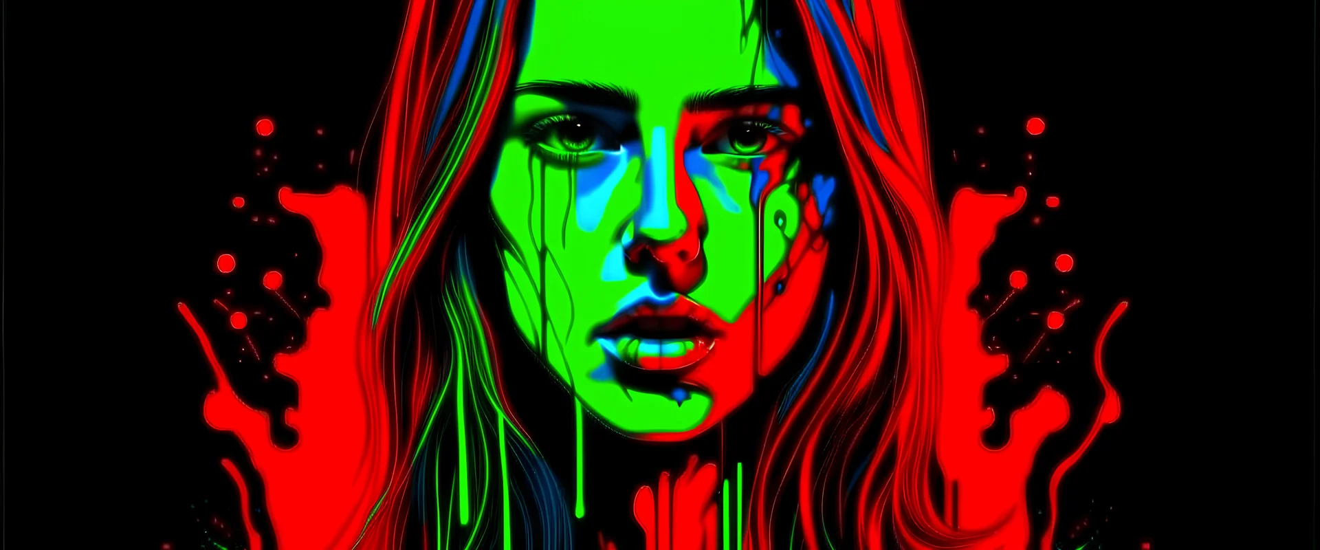 hot girl with blood in neon style red, blue and green colours without background