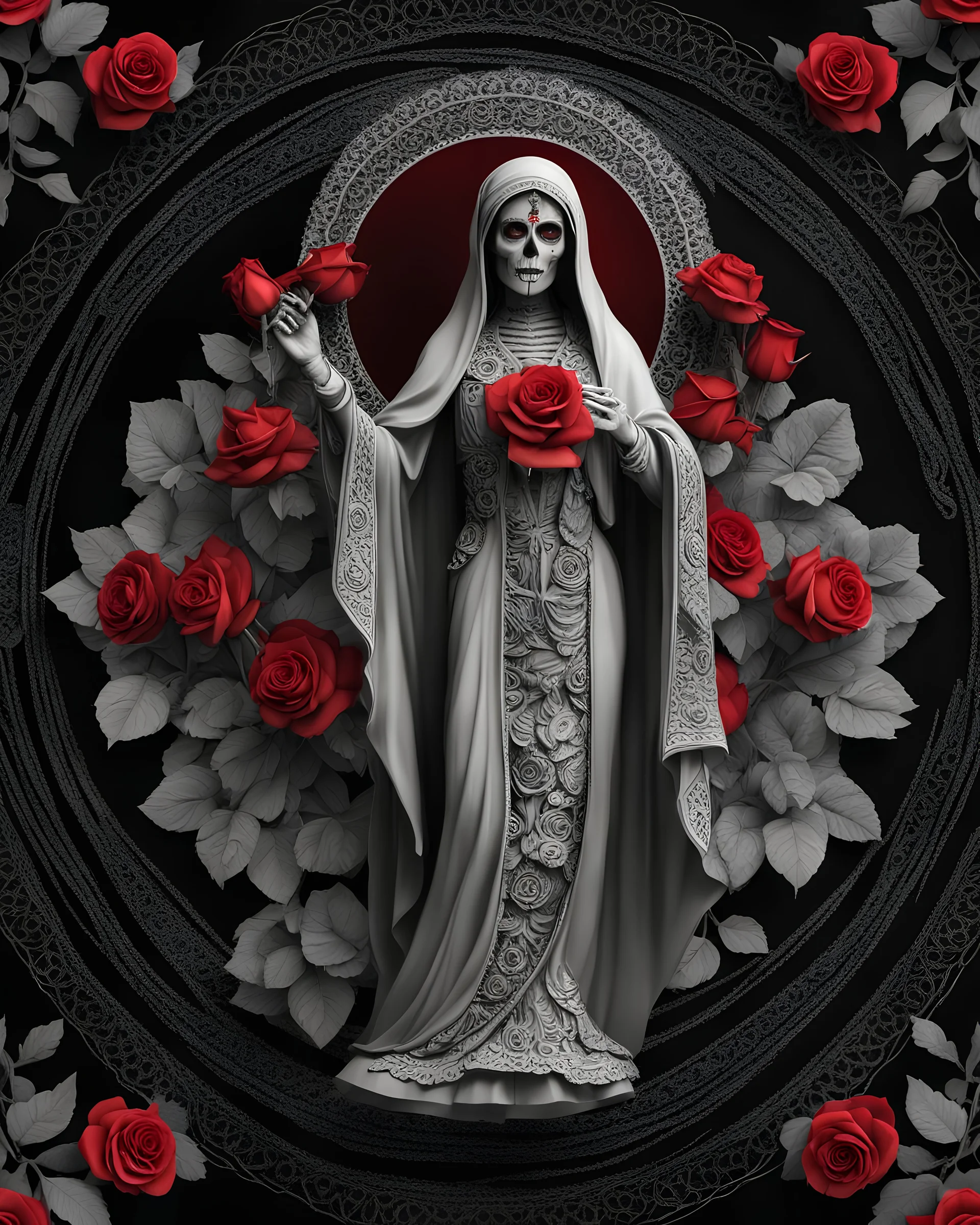 highest details, beautiful full posture of santa muerte, red roses, black background, mandala style, circle shaped, fashion, cinematic, 3d render