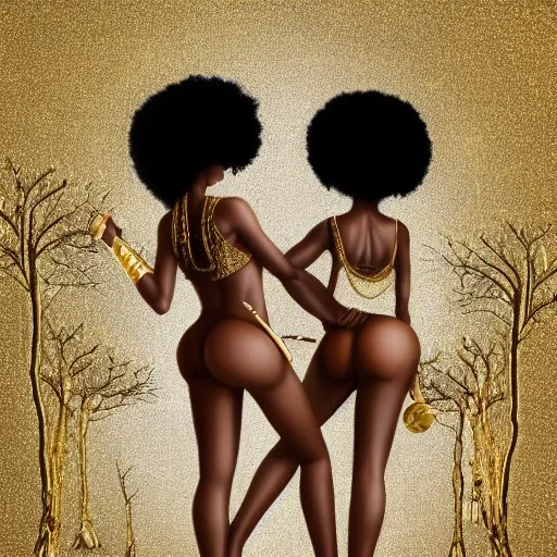 Biologically Female African American Twins, black skin, tall and slender, long afro kinky hair,big brown eyes, long eyelashes warrior wear. Big butts. Gold accents on clothing. Surround by trees. Holding golden spears. Starry night