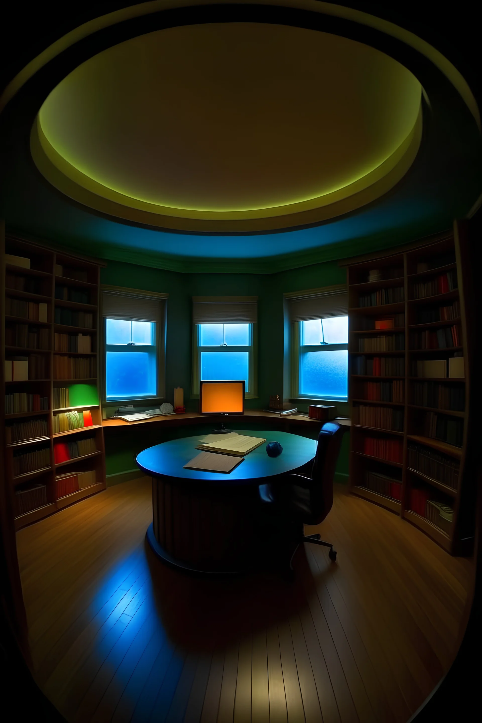 Circular room with very small windows, a desk to work, some bookshelves, and some painted walls , and some lights