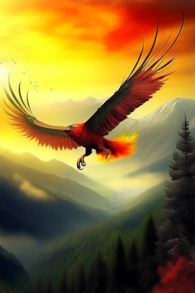 fire bird flying over mountain by Vengo