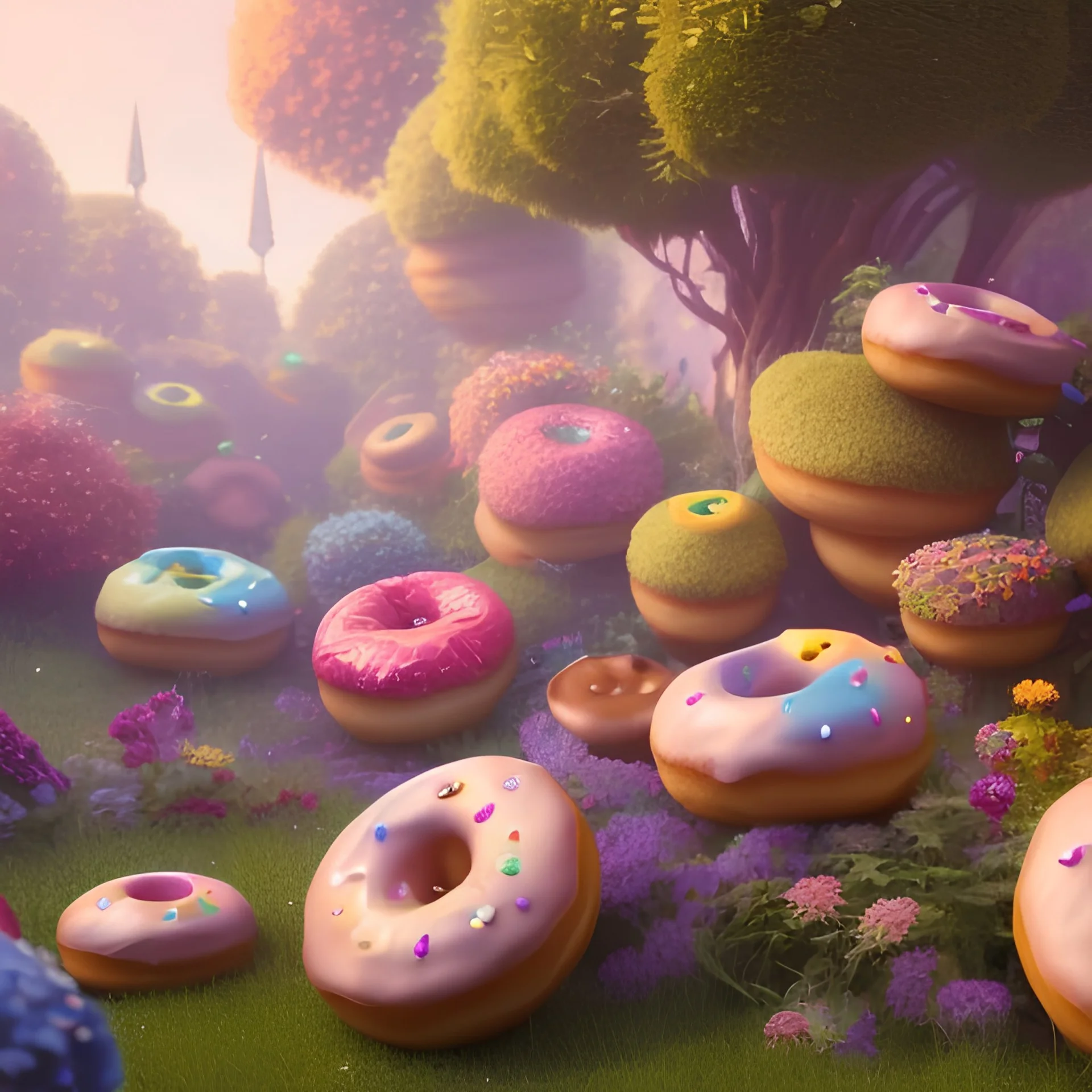 pixar style, volumetric summer garden environment and background, realistic painting of donuts, looking excited, volumetric lighting, dramatic lighting, detailed digital painting, extreme dense and fine fur, anime, ornate, colour-washed colors, elegant, small minutiae, tiny features, particulars, centered, smooth, sharp focus, renderman gofur render, 8k, uhd, detailed eyes, realistic shaded volumetric lighting, sunlight caustics, backlight, centered camera view