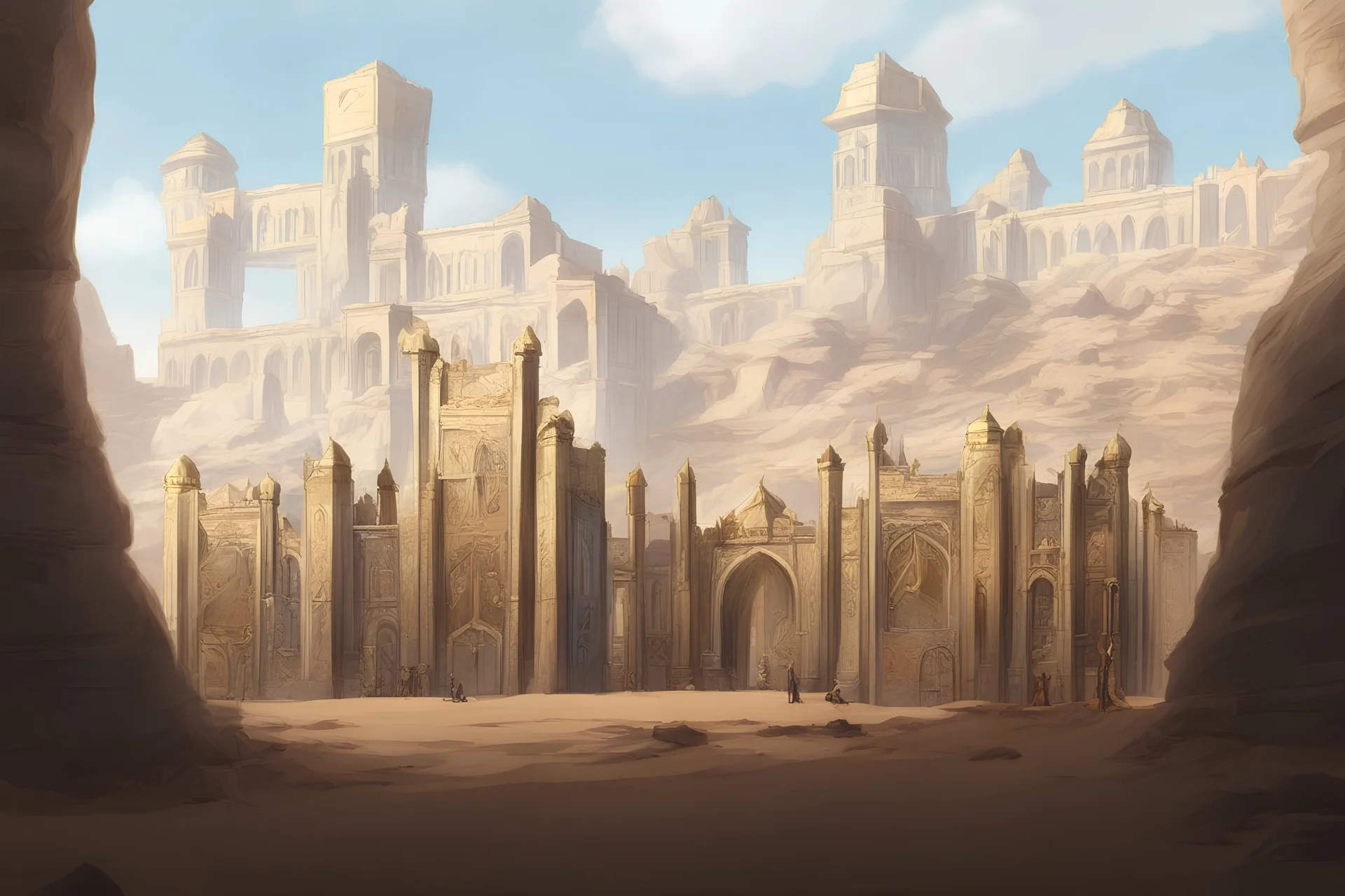 concept art desert city gates with golden towers and guards
