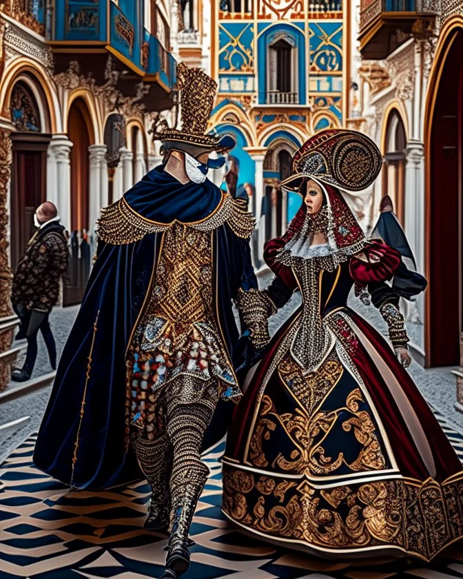 Pareja hombre y mujer con disfraz en el carnaval de Venezia caminando por Venezia mascara vestido hasta el suelo pantalones obra de arte pintura geométrica obra de arte hiperdetallada intricadas finamente detallada 8k