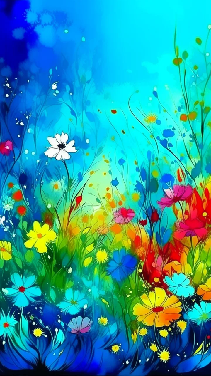 a smear . Field of wild a colorful flowers watercolor drawing on a blue splash colors background