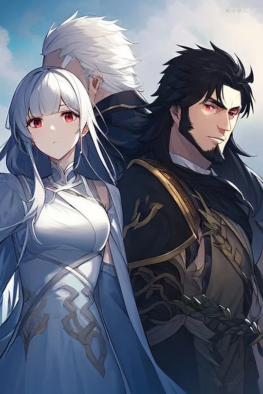 A couple, from the dnd game curse of Strahd. The woman has long white hair and blue eyes, the man has LONG BLACK hair and red eyes, no facial hair.