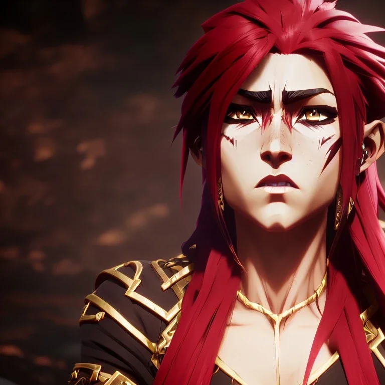 Barbarian anime character, animal hide armor, physically fit, tribal tattoos, scars, washboard abs, red facepaint, red hair, dark eyeshadow, intricate eyeliner, soft round eyes, beads in hair, 8k resolution, cinematic smooth, intricate details, vibrant colors, realistic details, masterpiece, oil on canvas, smokey background