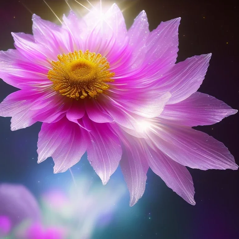 one big crystal subtle flower in a galactic ambiance with a very little beautiful fairy, transparent petals, delicate colors, in the foreground, full of details, smooth, bright sunshine，soft light atmosphere, light effect，vaporwave colorful, concept art, smooth, extremely sharp detail, finely tuned detail, ultra high definition, 8 k, unreal engine 5, ultra sharp focus