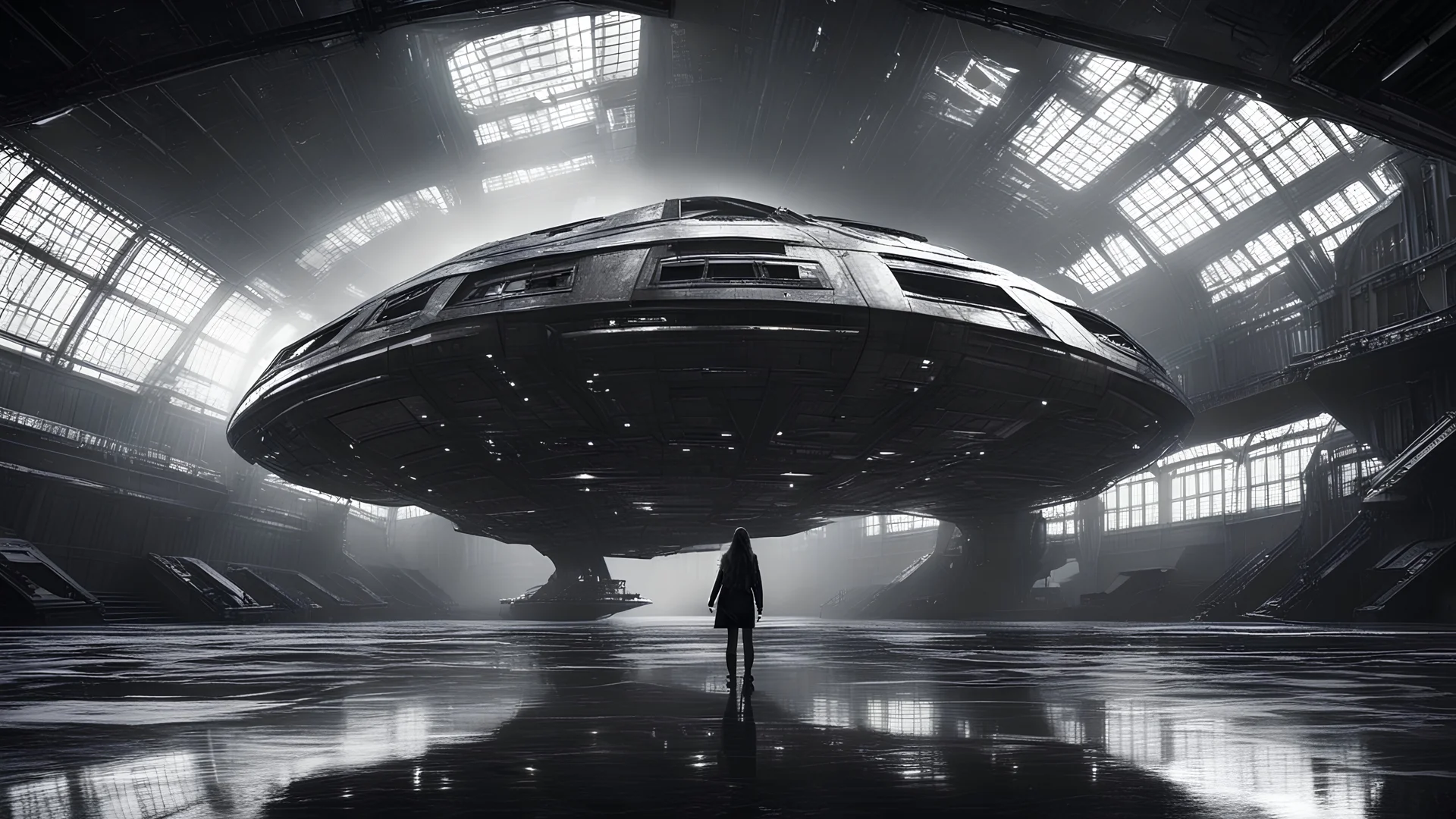 girl waving goodbye as sci-fi futuristic spaceship departing inside dark, wet, mysterious huge old futuristic sci-fi hangar, very high ceiling, photographic, black and white