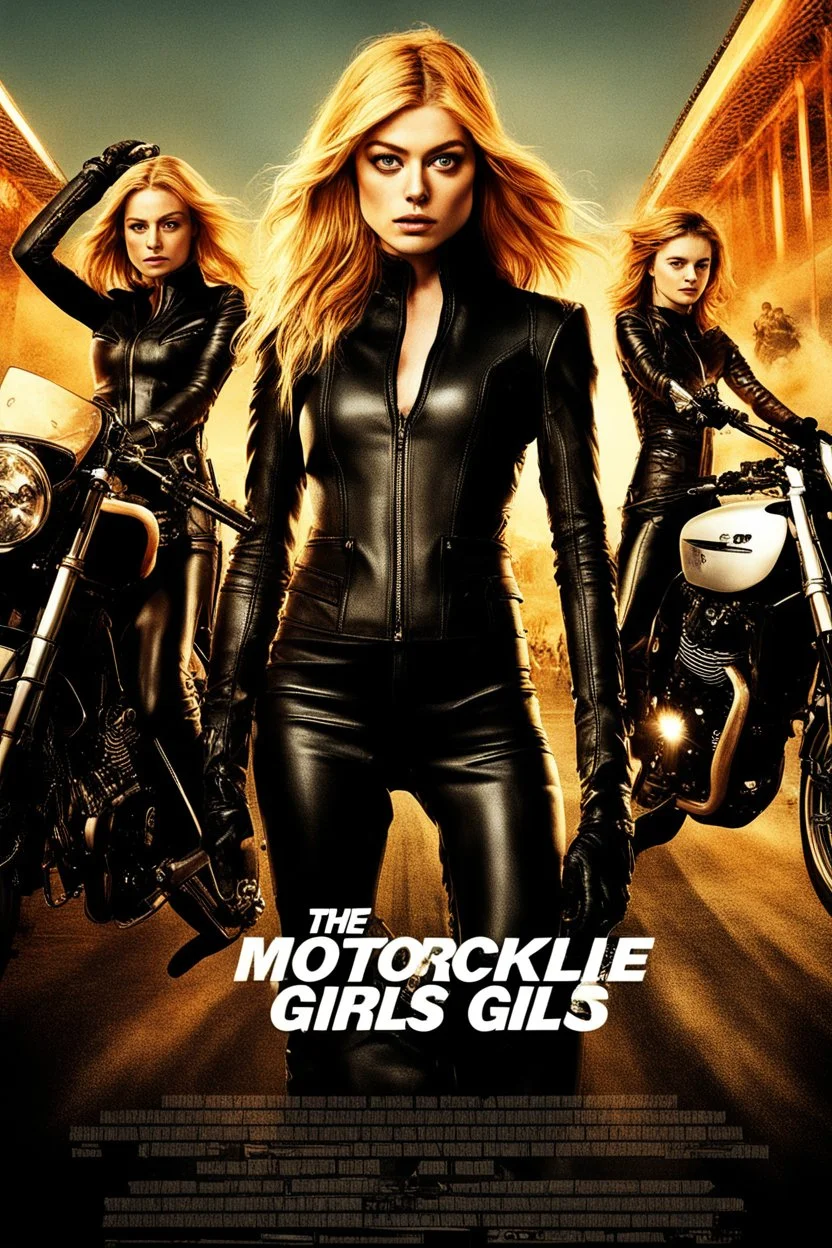 Poster for an action film called "The Motorbike Girls" starring Katherine McNamara, Margot Robbie and Georgia Henshaw wearing tight leather catsuits.