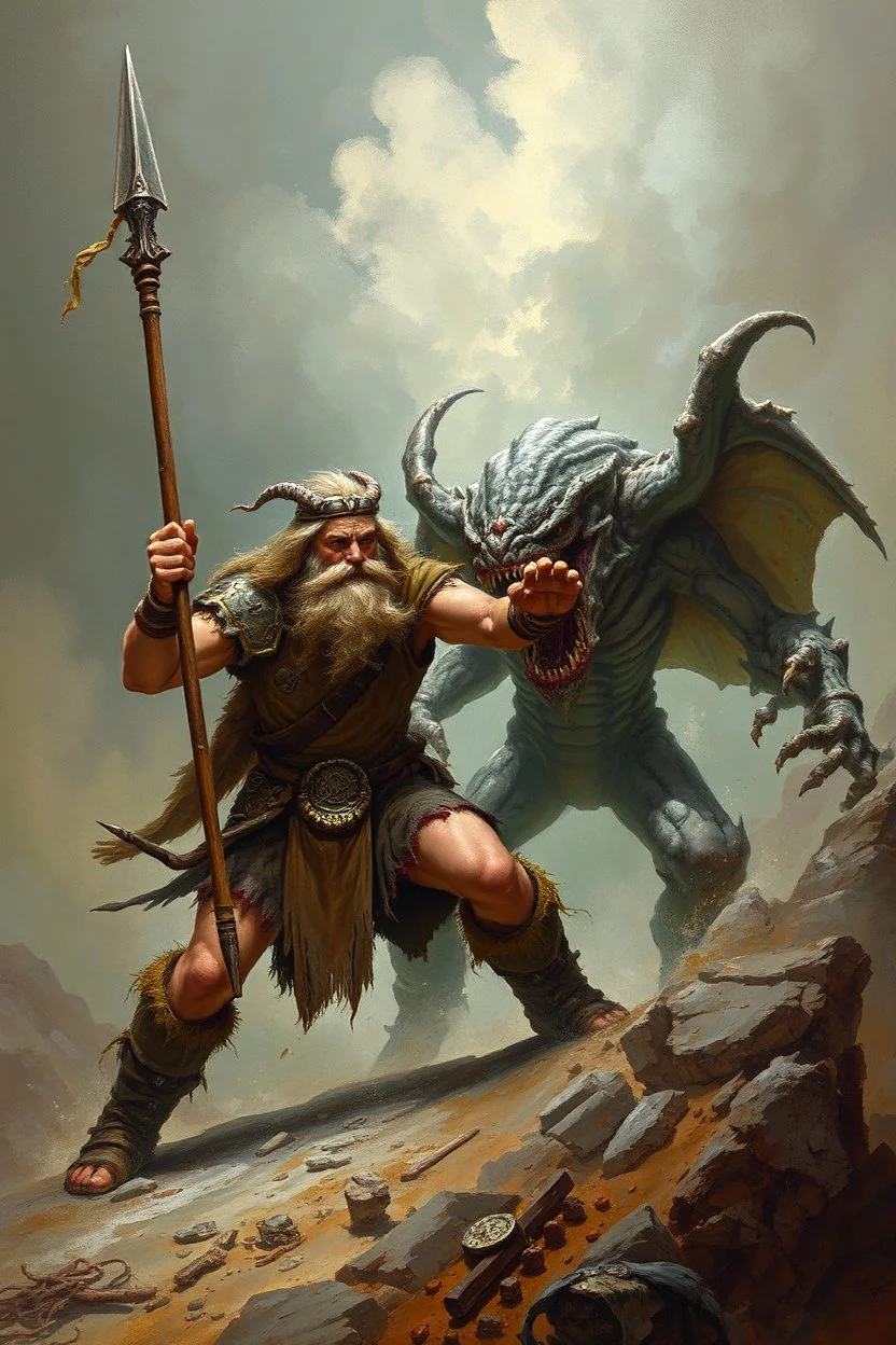 A worrier holding a spear fighting with a creature from another world, Busch painting style
