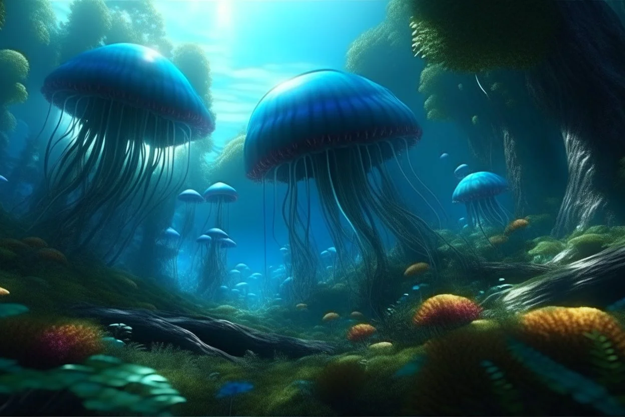 Alien jellyfish forest, photorealistic, Detailed Matte Painting, Deep Colour, Fantastical, Intricate Detail, sunshine, blue sky