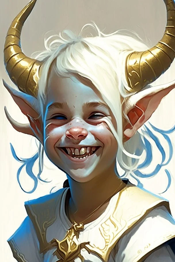 a child tiefling girl with white-blond hair and small horns, she wears white and gold and is happy