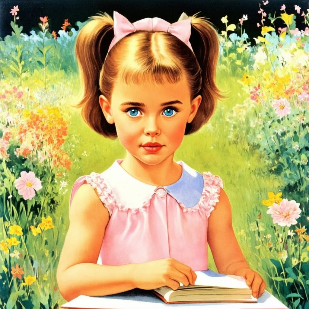 Actress Angelina jolie as a little girl, pony tail, big blue eyes, big lips, with a book,in the garden , 1960s,illustrated by Marcel Marlier, dress, soft pastel colors, , vintage