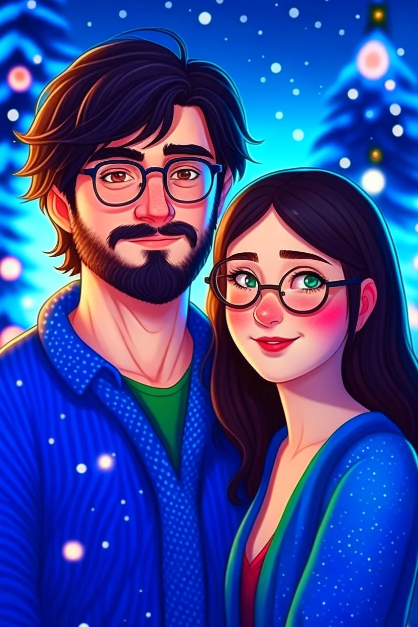 Christmas scene, dark haired couple, man with short black beard and glasses, woman with long hair, blue eyes, young couple, graphic