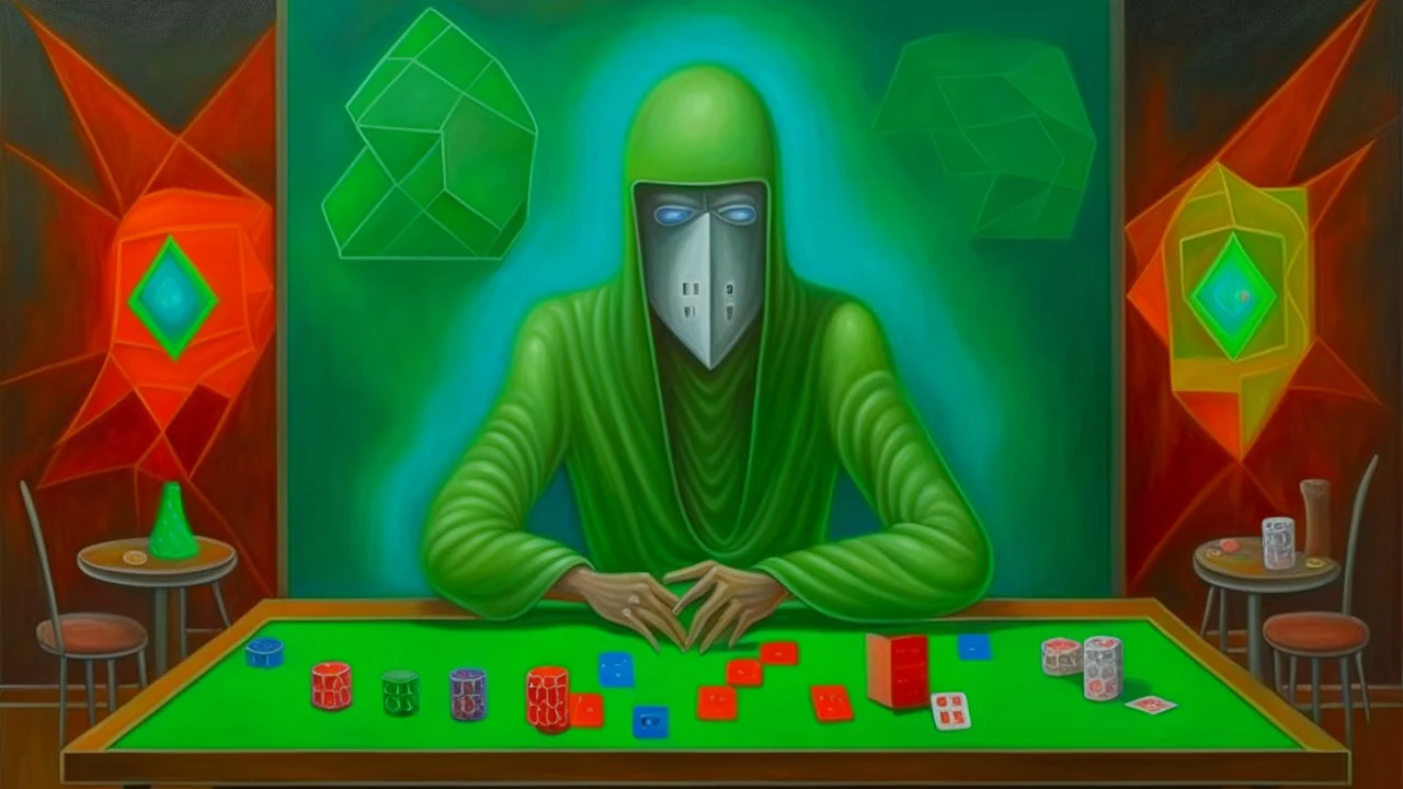 the cube-headed poker player at the green table surreal by peter mitchev, hyperrealistic