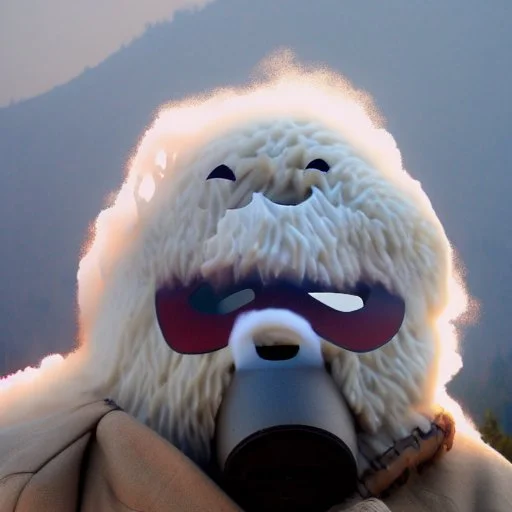 subject = (Yeti in a mask) background = (wildfires, flames, mountains, fires, smoke, disaster)