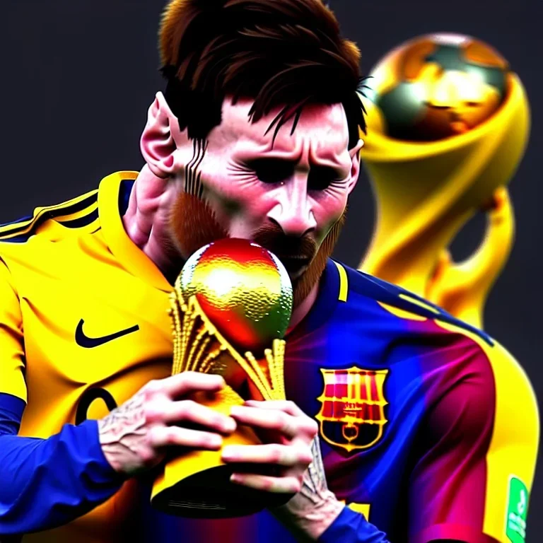 lionel messi crying and swallowing the world cup trophy, unreal engine 5.1, ultra high resolution, photorealistic, ultra high detail, octane render, creepy