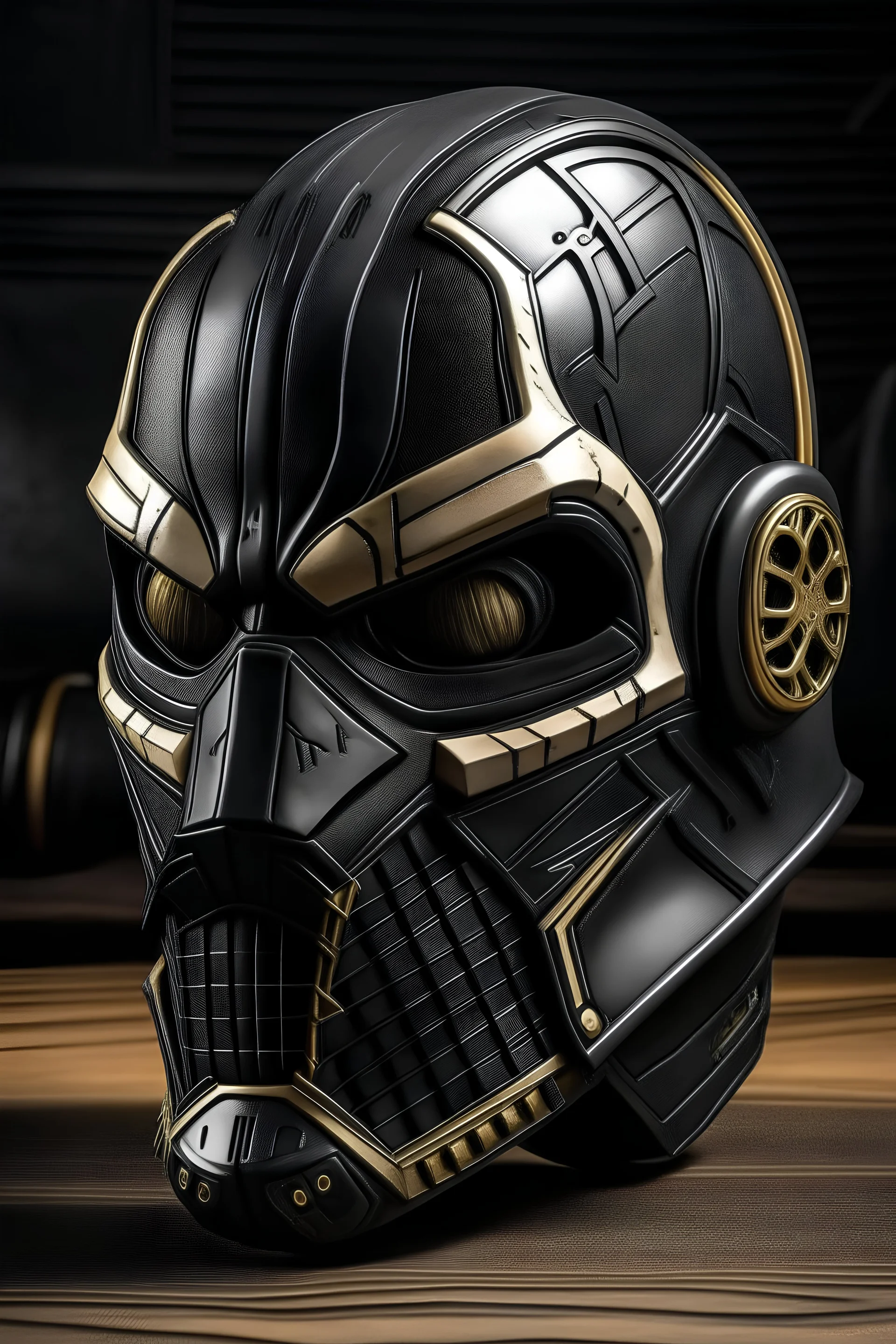 Make a Terrorífic, black leather mask that combines the deadshot mask from DC comics , Batman mask from the dark knight movie and Mick mask from the band slipknot.