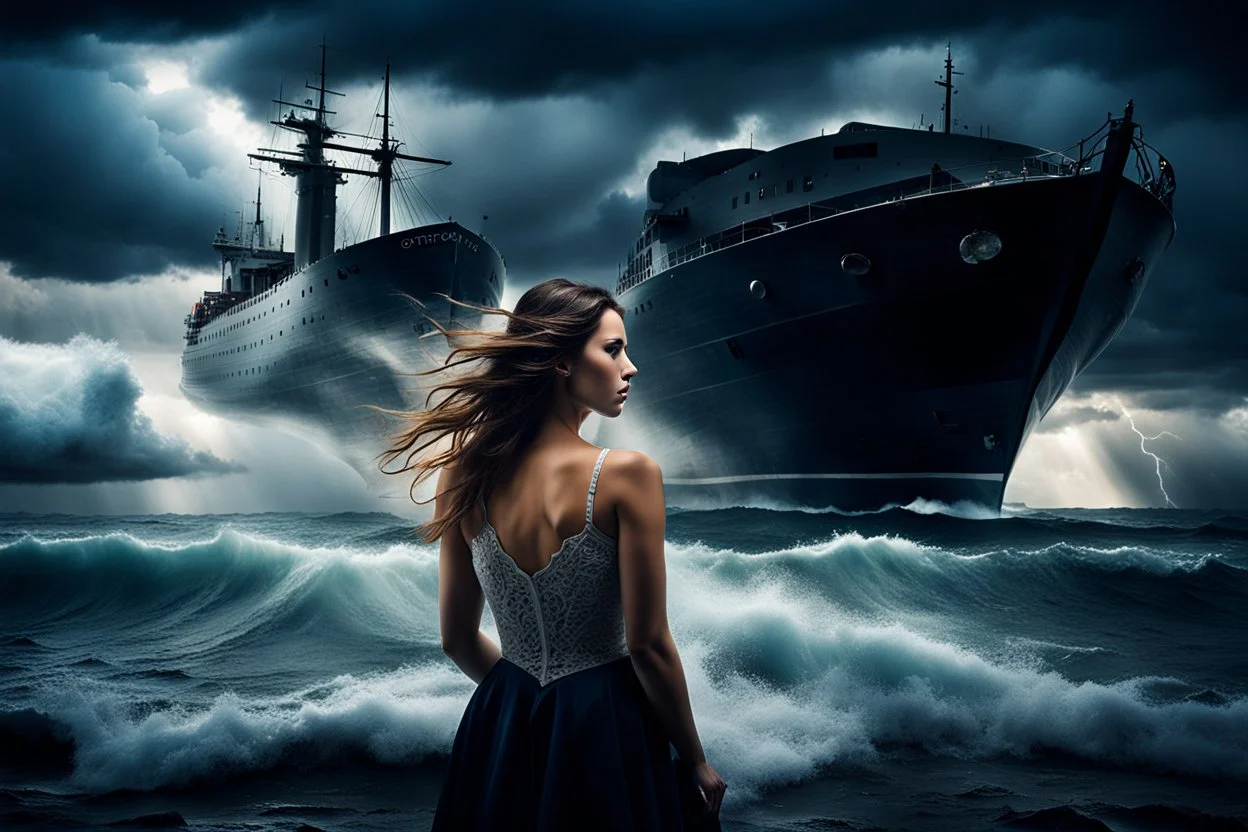 Compose a haunting and powerful image of a beautiful girl surrounded by her sadness in a surreal environment. Use dynamic lighting to create contrast and depth, illuminating her emotions and struggles. The sky above should be turbulent, with storm clouds brewing, reflecting the turmoil within her. In the background, depict a stormy ocean with a sinking ship, symbolizing loss and despair. Show a few people struggling for survival, adding a sense of urgency and chaos to the scene. Let the composit