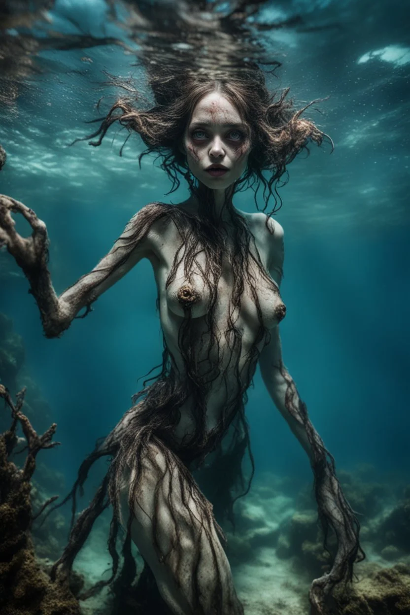 Underwater, closeup siren with big eyes, ragged clothes, fullbody, his skin translucent, black veins that extended like roots, 8k,macro photography,