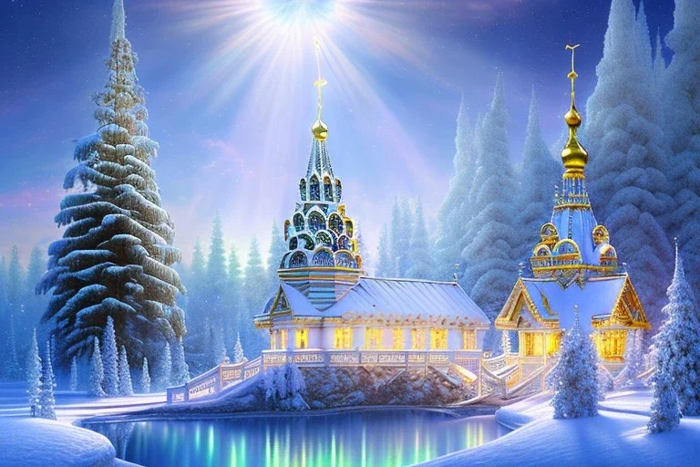 russian white crystal palace on the mountain，20 sapins enneigés,waterfall, sun,10 snowy fir trees,blue lake,swanns, winter snow flakessnow, northern Lights blue pink, full of details, smooth, bright sunshine，soft light atmosphere, light effect，vaporwave colorful, concept art, smooth, extremely sharp detail, finely tuned detail, ultra high definition, 8 k, unreal engine 5, ultra sharp focus