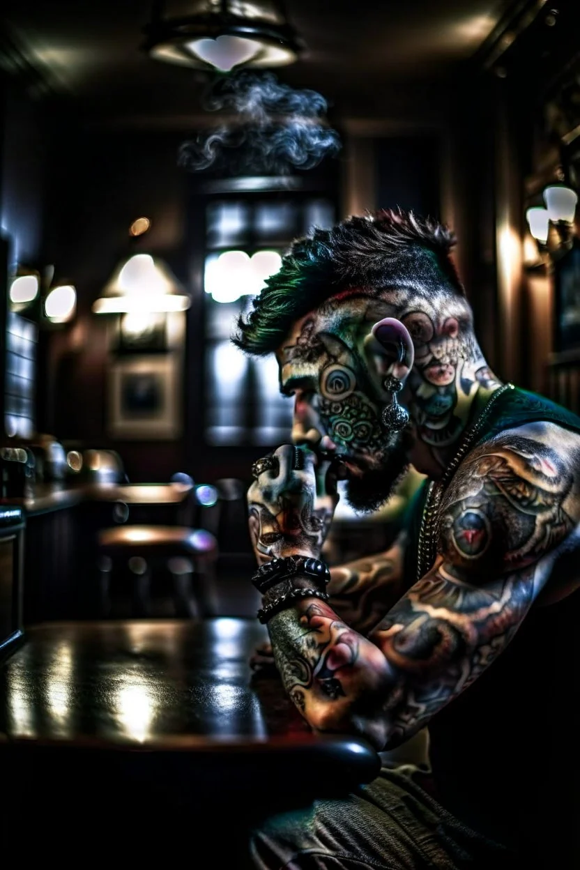 symbol for gazillion, scary tattooist in high end parlor, smoke, mist, lightrays, depth of field, photography