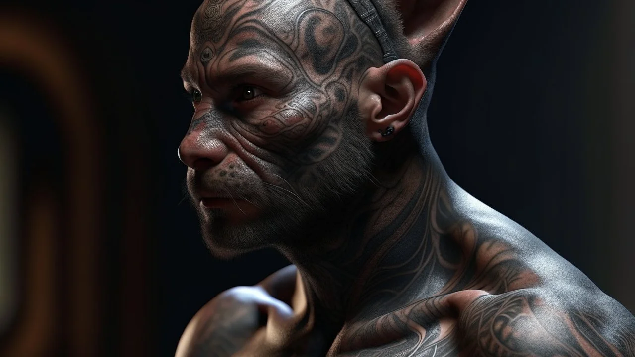 cat man, fine rendering, high detail, 8K, man, tattoos,