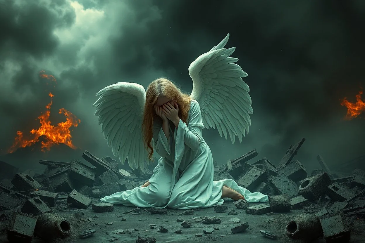 an angel in despair on her knees crying into her hands with destruction surrounding her