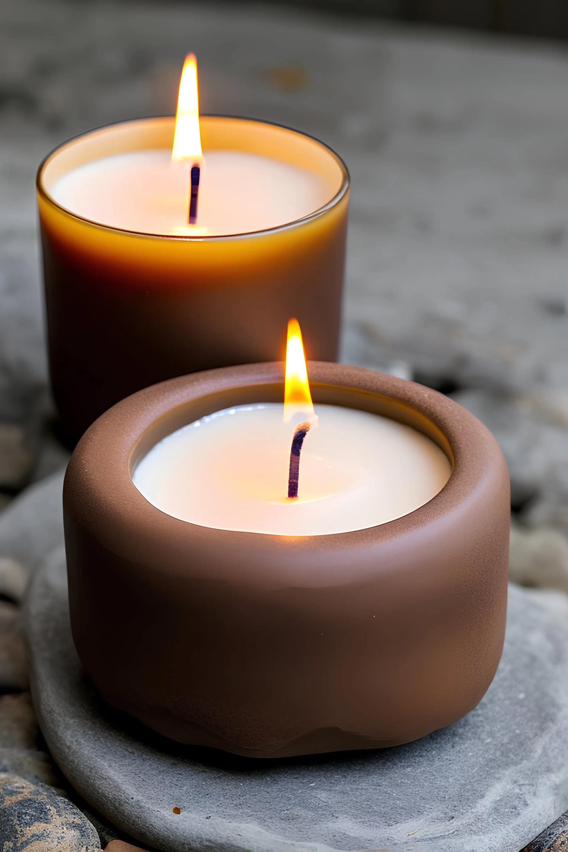 candle with brown color and texture of down jacket standing on a stone plate. realistic.