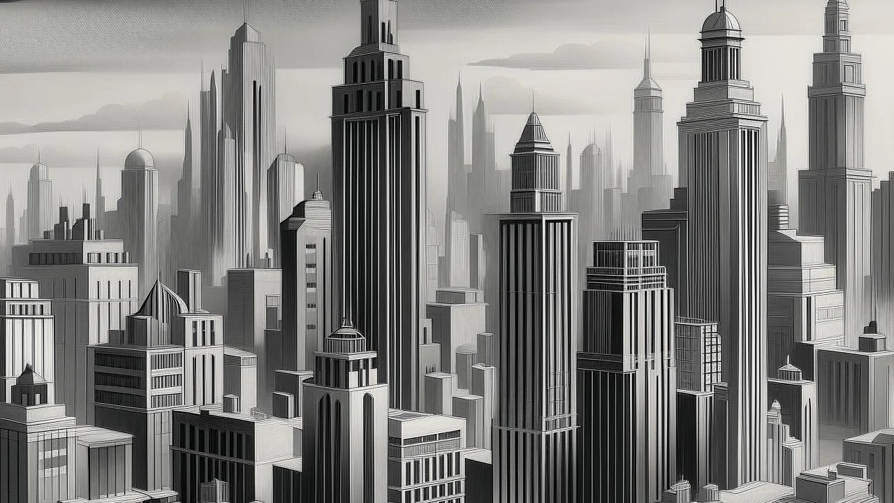 Gray-scale cityscape panorama, featuring towering art deco skyscrapers. Distant structures create depth and perspective, suggestive of a city skyline. Architectural details, like vertical lines and geometric shapes, are prominent. Soft, diffused light suggests an overcast day or atmospheric haze. The composition is a panoramic view, likely from a high vantage point, showcasing many building facades and sections of streets. The style evokes early 20th century architectural illustration. S