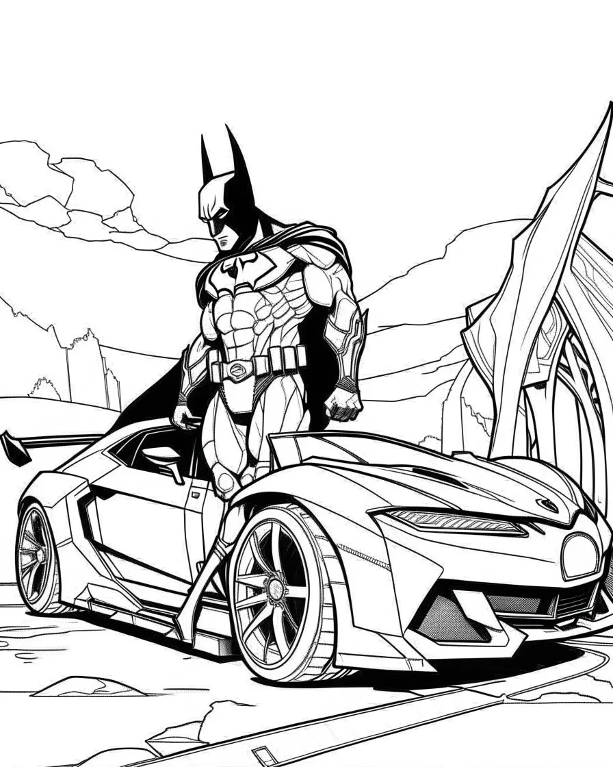 real massive batman attact to a car, coloring page, full body (((((white background))))), only use an outline., real style, line art, white, clean line art, white background, Sketch style.