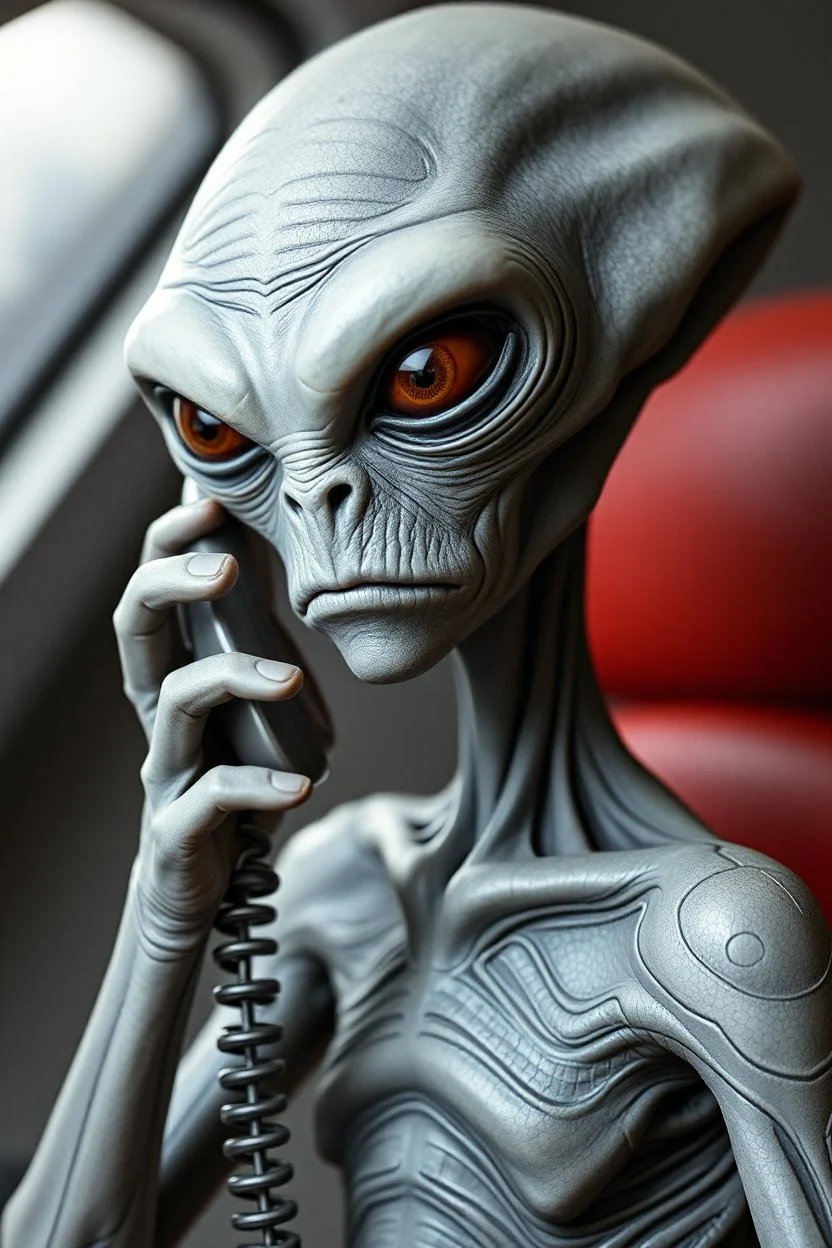 lifelike grey alien angrily talking on the phone