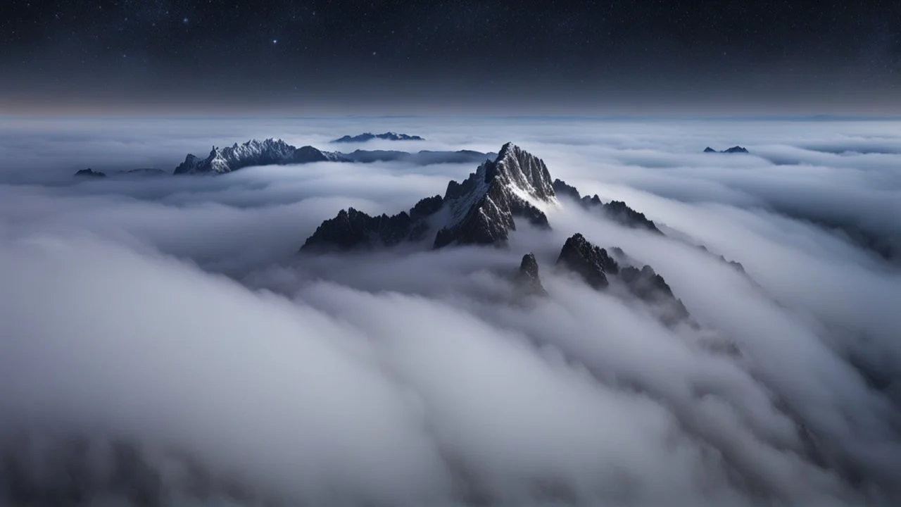 looking down from space at only one single sharp misty mountain cliff coming through the mist and surrounded by the mist at night starry sky