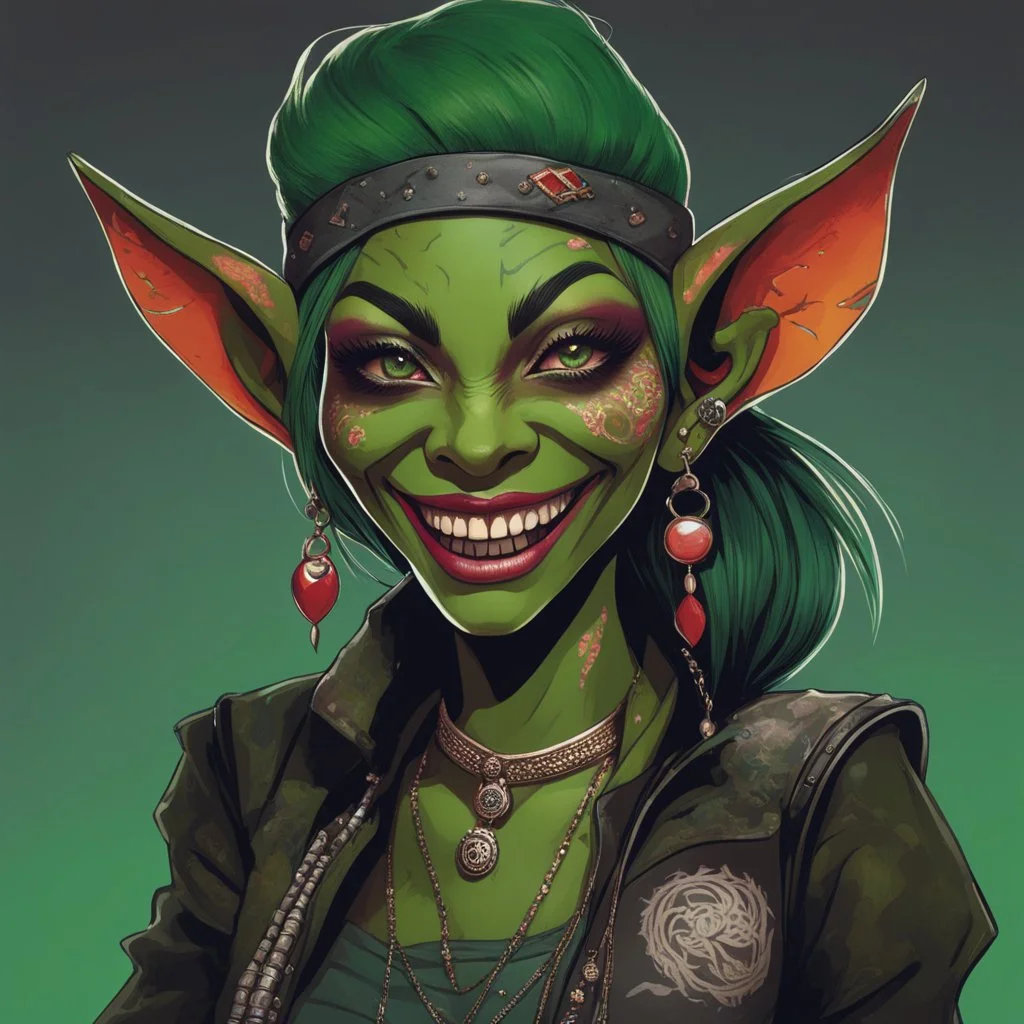 The image shows a female goblin with a mischievous grin, her sharp teeth peeking out as she takes a drag from a joint. Her emerald green skin is adorned with intricate tattoos and piercings, adding to her rebellious and edgy appearance. She wears a mix of tattered and modern clothing, combining elements of fantasy and urban street style. The goblin's gaze is intense and alluring, hinting at a complex personality that defies traditional expectations. In the background, a faint haze of smoke envel