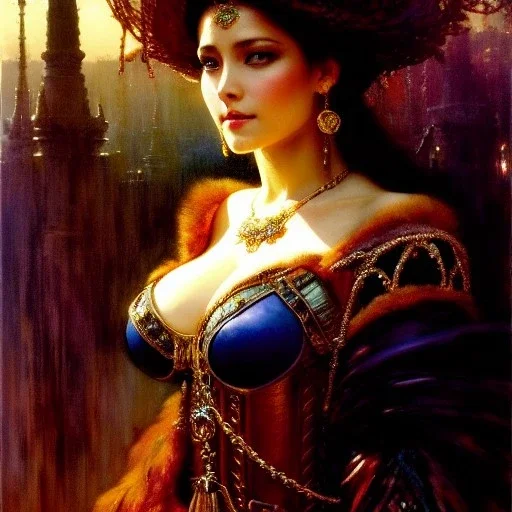 Drawing of beautiful face busty tavern wench,sweet stare,ancient leather armor, balanciaga fashion clothe painting by gaston bussiere, greg rutkowski, yoji shinkawa, yoshitaka amano, tsutomu nihei, donato giancola, tim hildebrandt, oil on canvas, cinematic composition, extreme detail,fit full head inside picture,16k