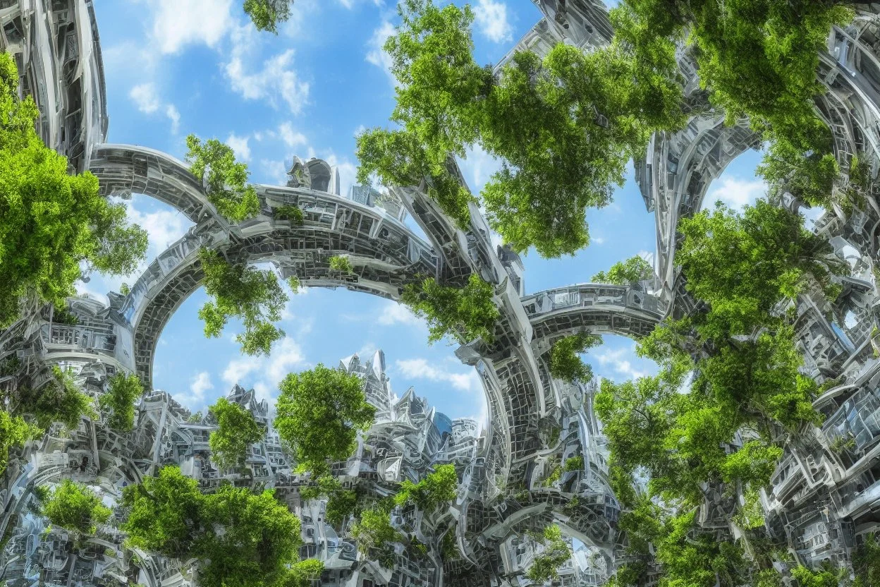 A futuristic alien city, with balconies, verandas, many arches, bridges, spires, paths, trees, dense foliage, Spanish moss, ivy, river, blue sky, white clouds