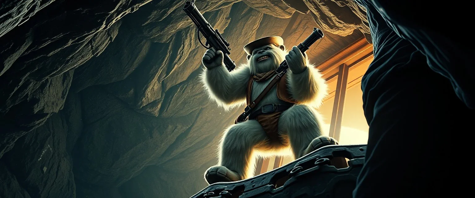 movie poster, portrait interview cowboy Abominable Yeti climbing outside space ship in cave holding huge mounted chain gun