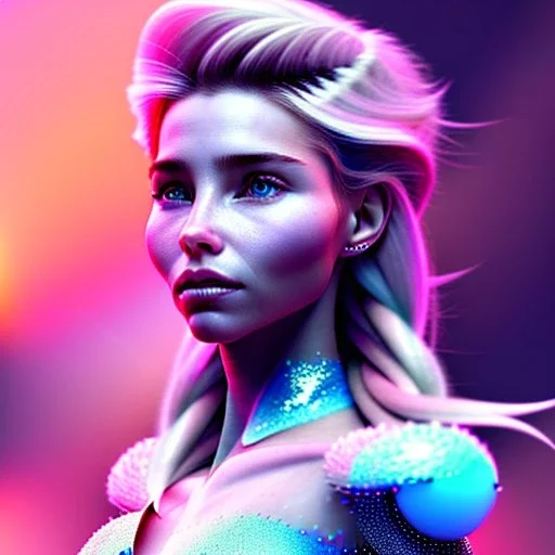 elsa pataky, hyper realistic, cyberpunk style, shaved hair, latex, gradient color, BLUE, PINK, CYAN, neon, insanely detailed, 16k resolution, perfect eyes, cinematic smooth, intricate detail