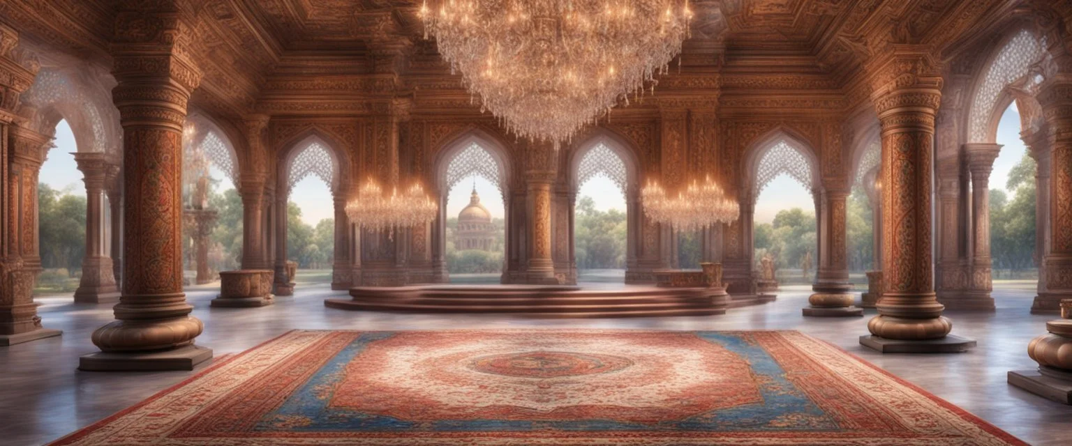 Hyper realistic detailed inside historical indian castle with chandeliers & ceiling paintings & glass work on pillars with beautiful carpet & water fountain