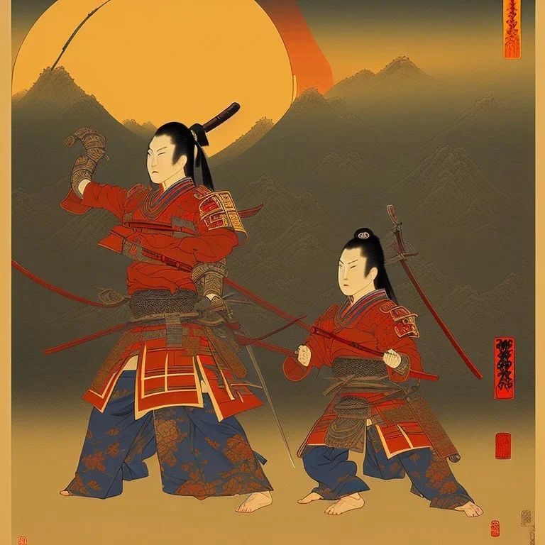 human Samurai Japanese Ukiyo-e, sun in the background, walking in the mountains