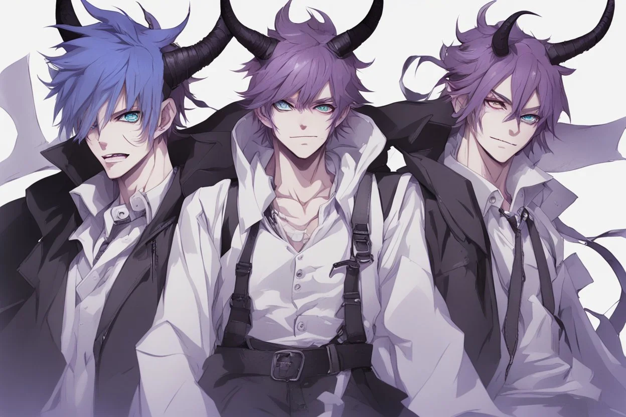 anime man with horns, fangs, messy purple hair and blue eyes