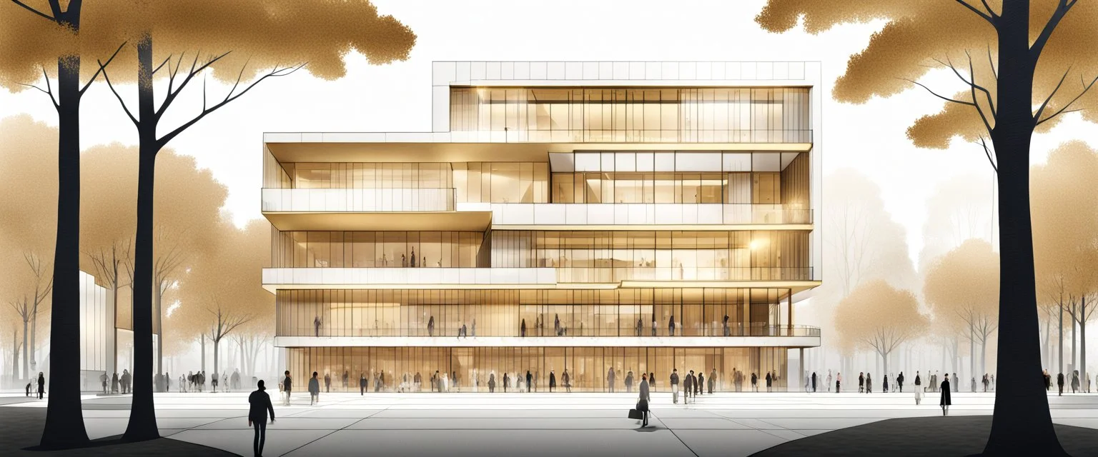 Dibujo arquitectónico de un edificio de cinco pisos, moderno, minimalista, con proporción aurea, calidad ultra, árboles, gente