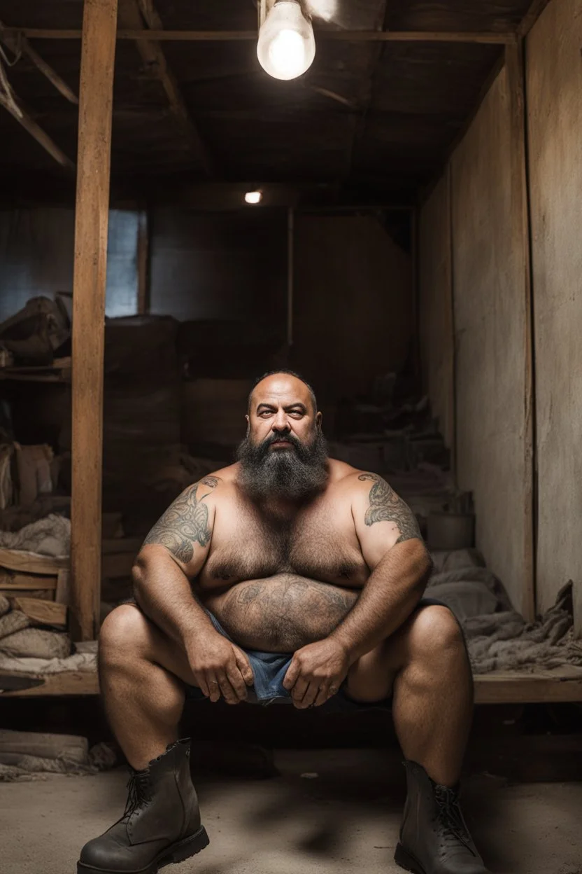 full figure shot photography of a 49-year-old turkish chubby heavyset tattoo very hairy sweaty worker sitting spread-legged in an old sofa inside a construction site shed, big shoulders, boots, dressed in bulging shorts,shirtless, stubble, big manly legs, hairy chest, serious eyes, midnight, dim neon lights illuminating and shine on the beards of sweat that fill his large chest, photorealistic , ambient occlusion