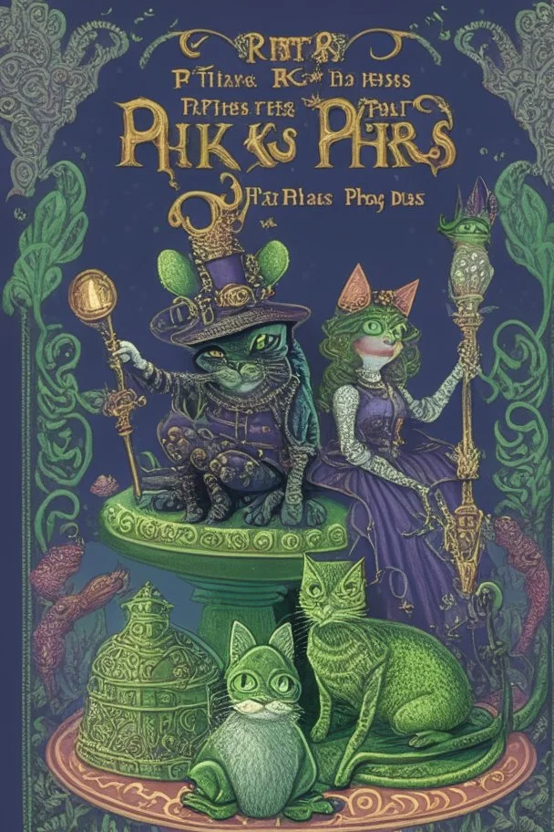 dark fantasy, intricate book cover showing Puss in Boots, the Frog King and a fairytale princess and the Pea, whimsical in the style of a Terry Pratchett Discworld cover