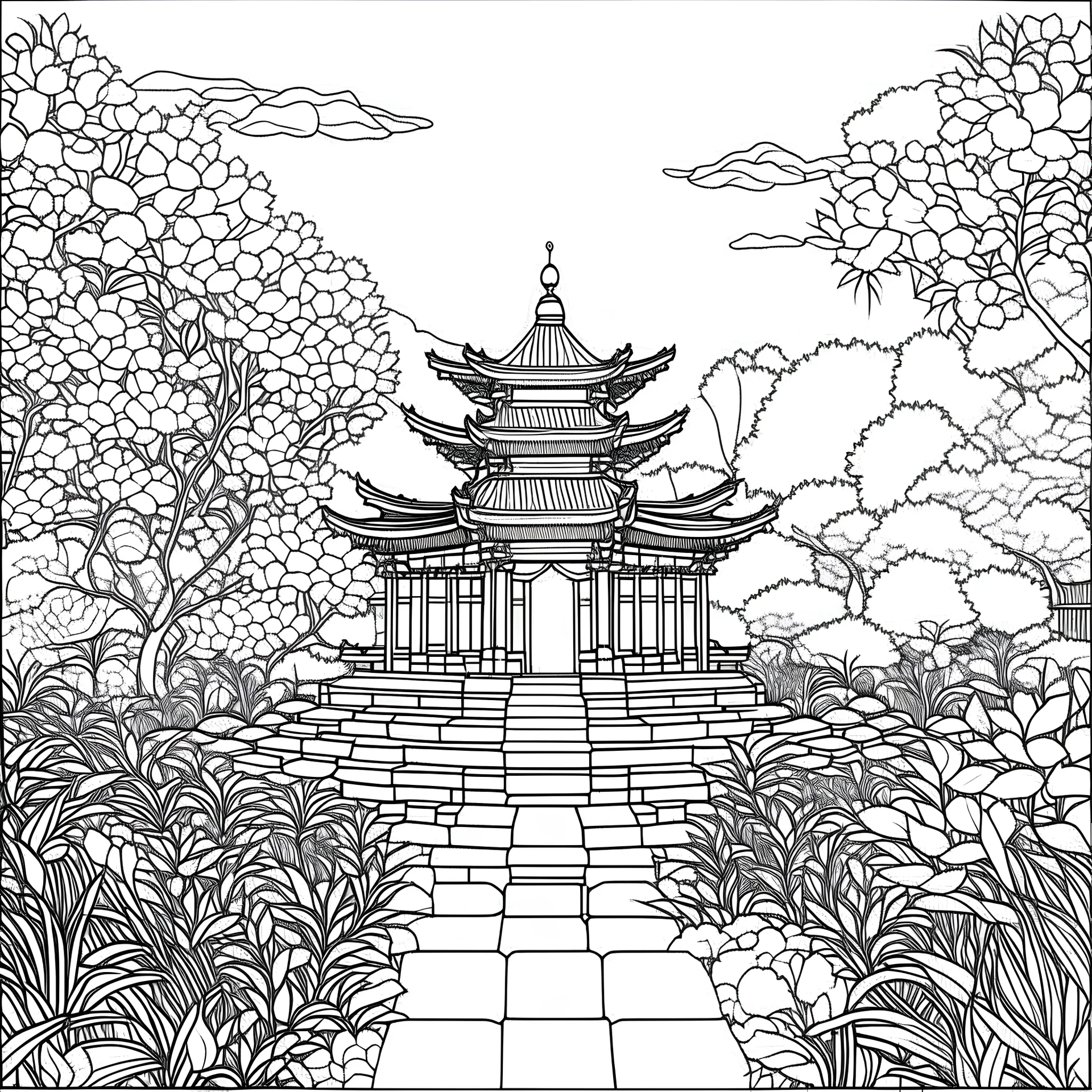 beautiful Garden temple, minimalistic, minimal black line art, unique coloring sheet, outlined, outline, crisp, crisp lines, crisp clear lines, line art, clean line art, unique, 8k, amazing, realistic, masterpiece, no colors, no dark color, no black color, avoid thick black, minimalistic line edges, white back ground color,